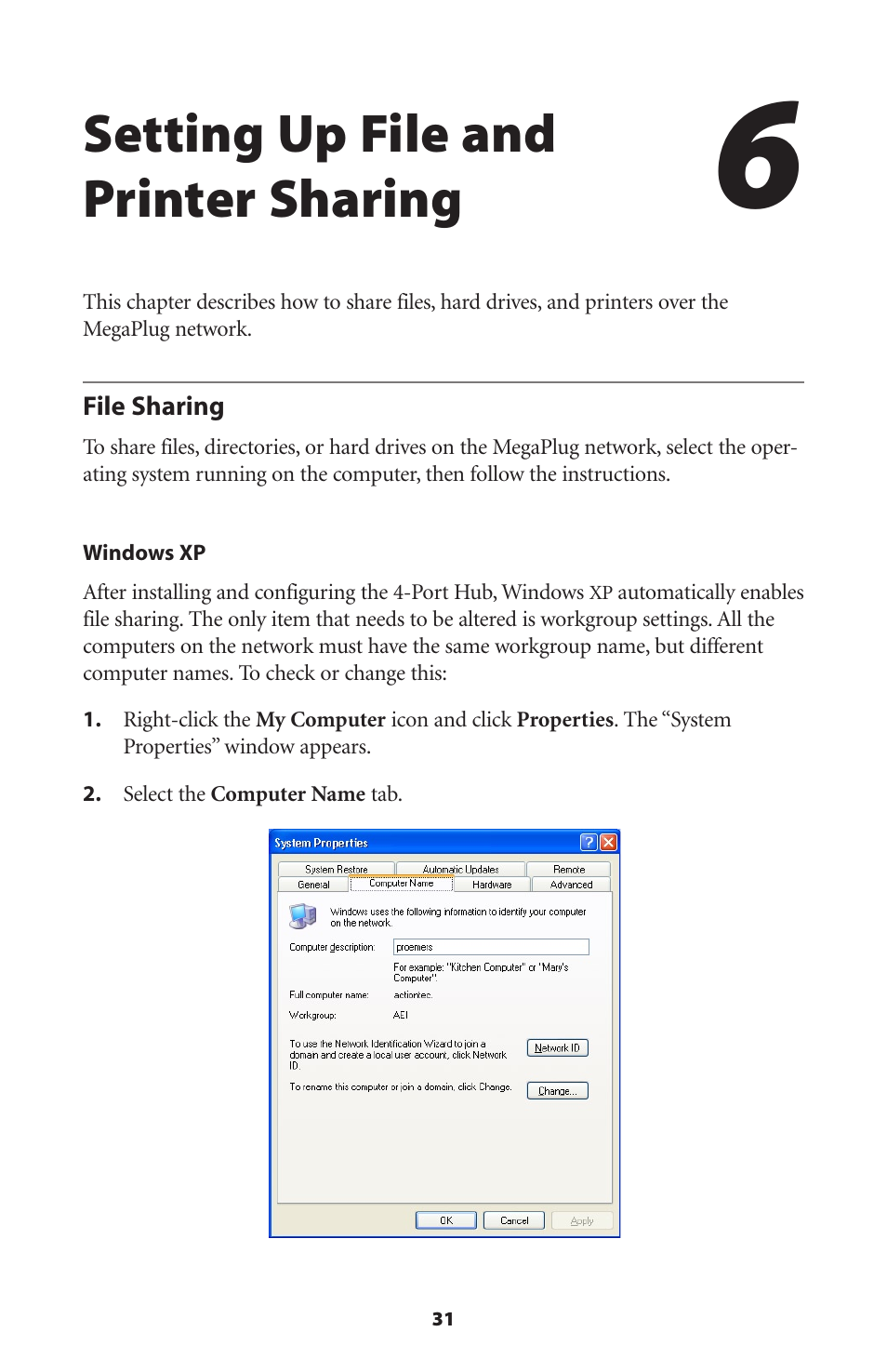 Setting up file and printer sharing, File sharing | Actiontec electronic HPE400T User Manual | Page 34 / 55