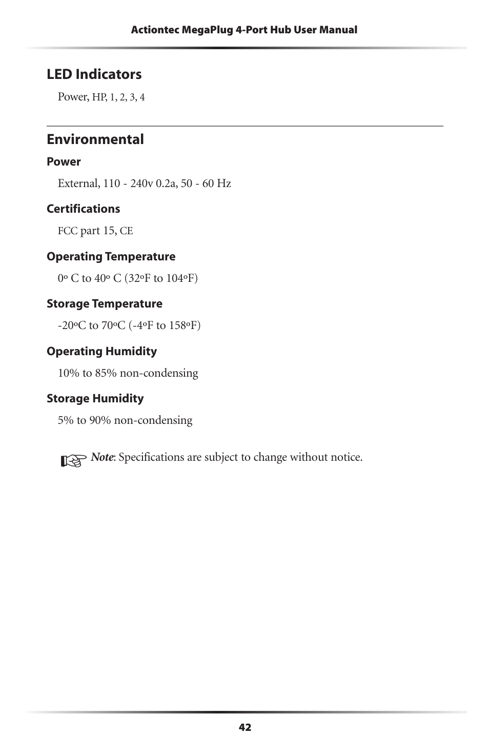 Led indicators, Environmental, 42 environmental | Actiontec electronic HPE400T User Manual | Page 45 / 55