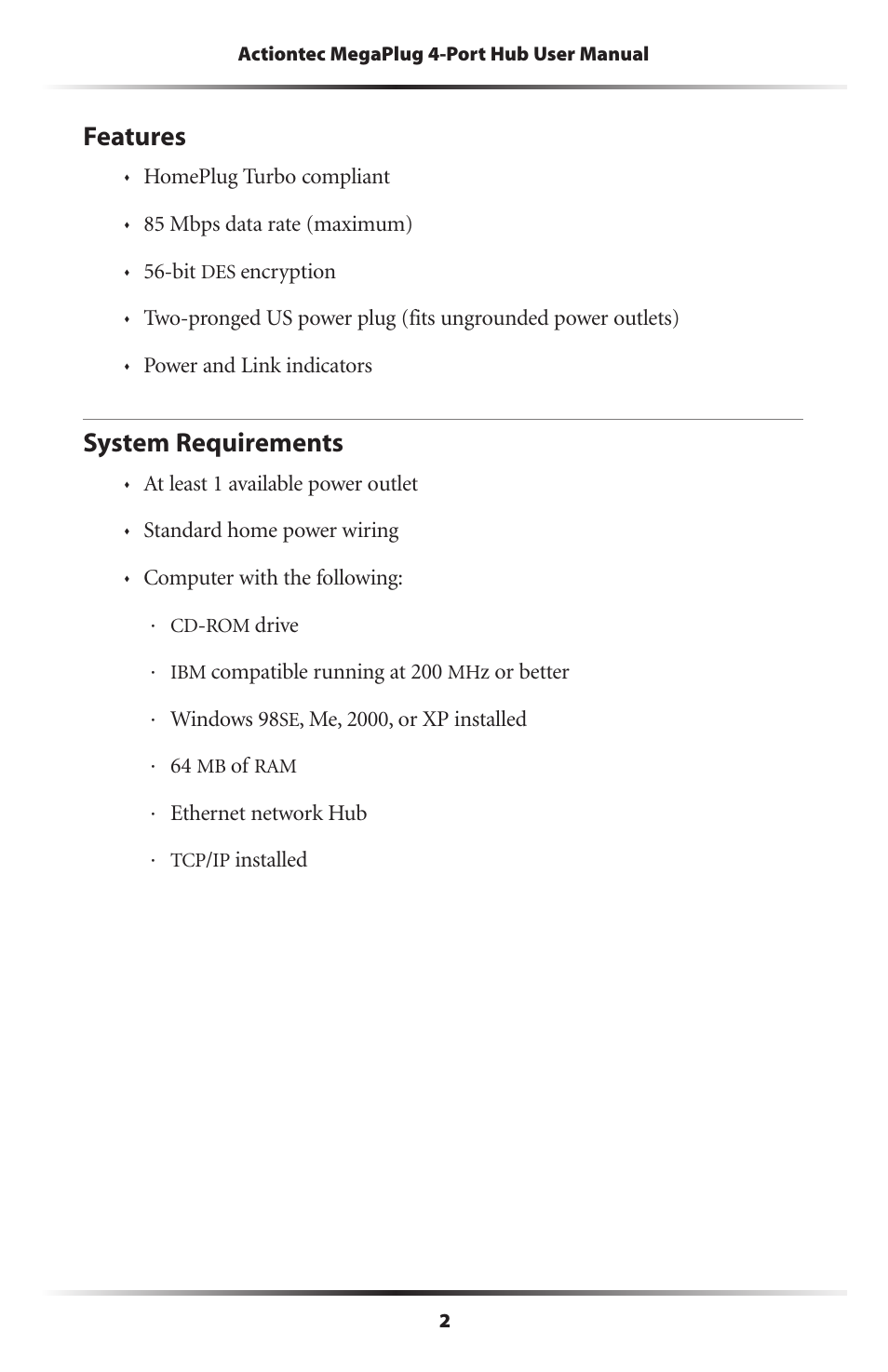 Features, System requirements, 2 system requirements | Actiontec electronic HPE400T User Manual | Page 5 / 55