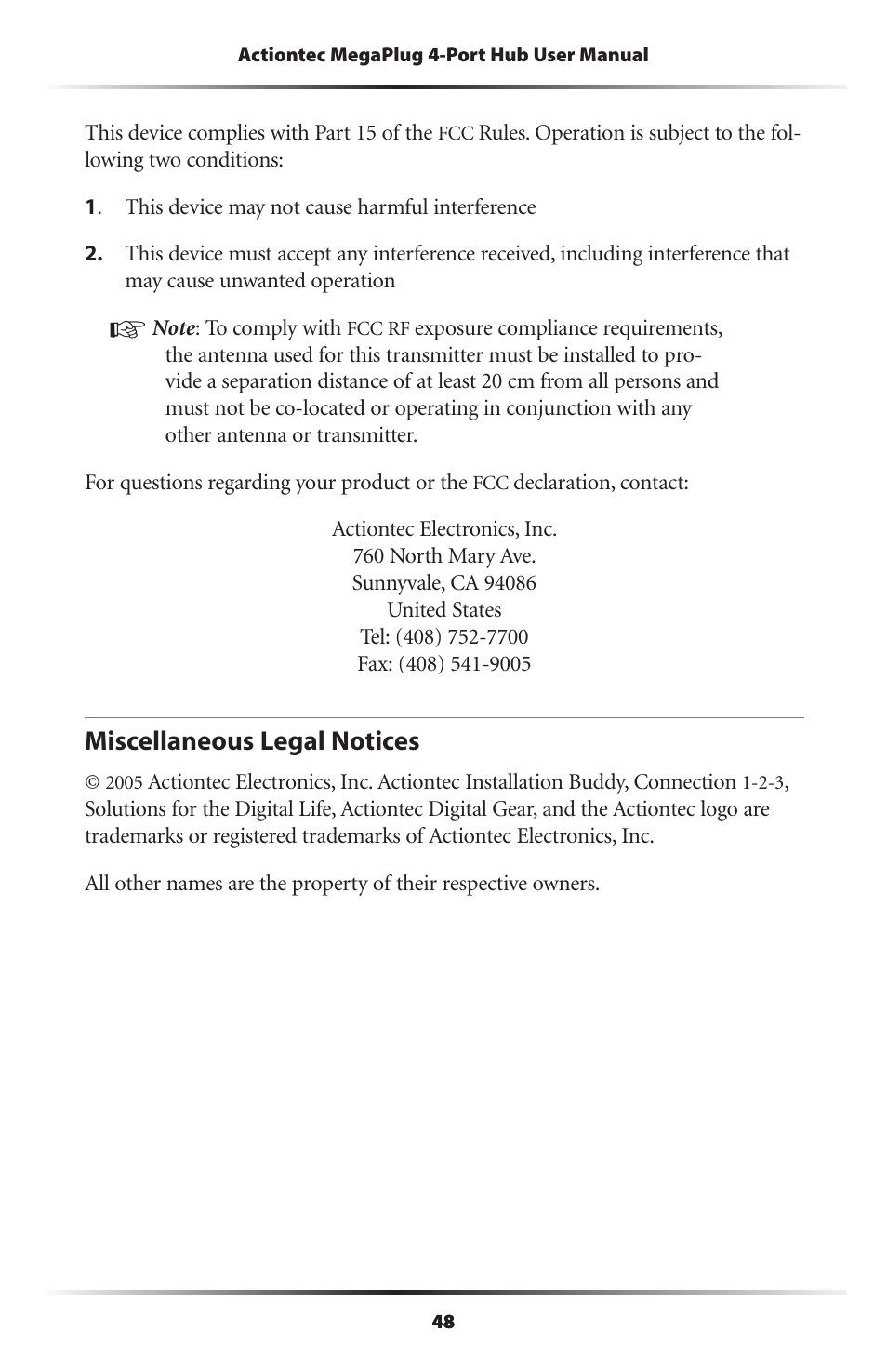 Miscellaneous legal notices | Actiontec electronic HPE400T User Manual | Page 51 / 55