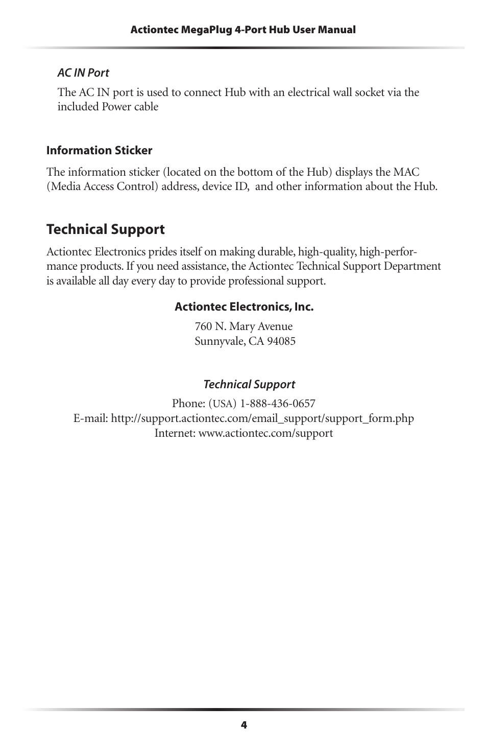 Technical support | Actiontec electronic HPE400T User Manual | Page 7 / 55
