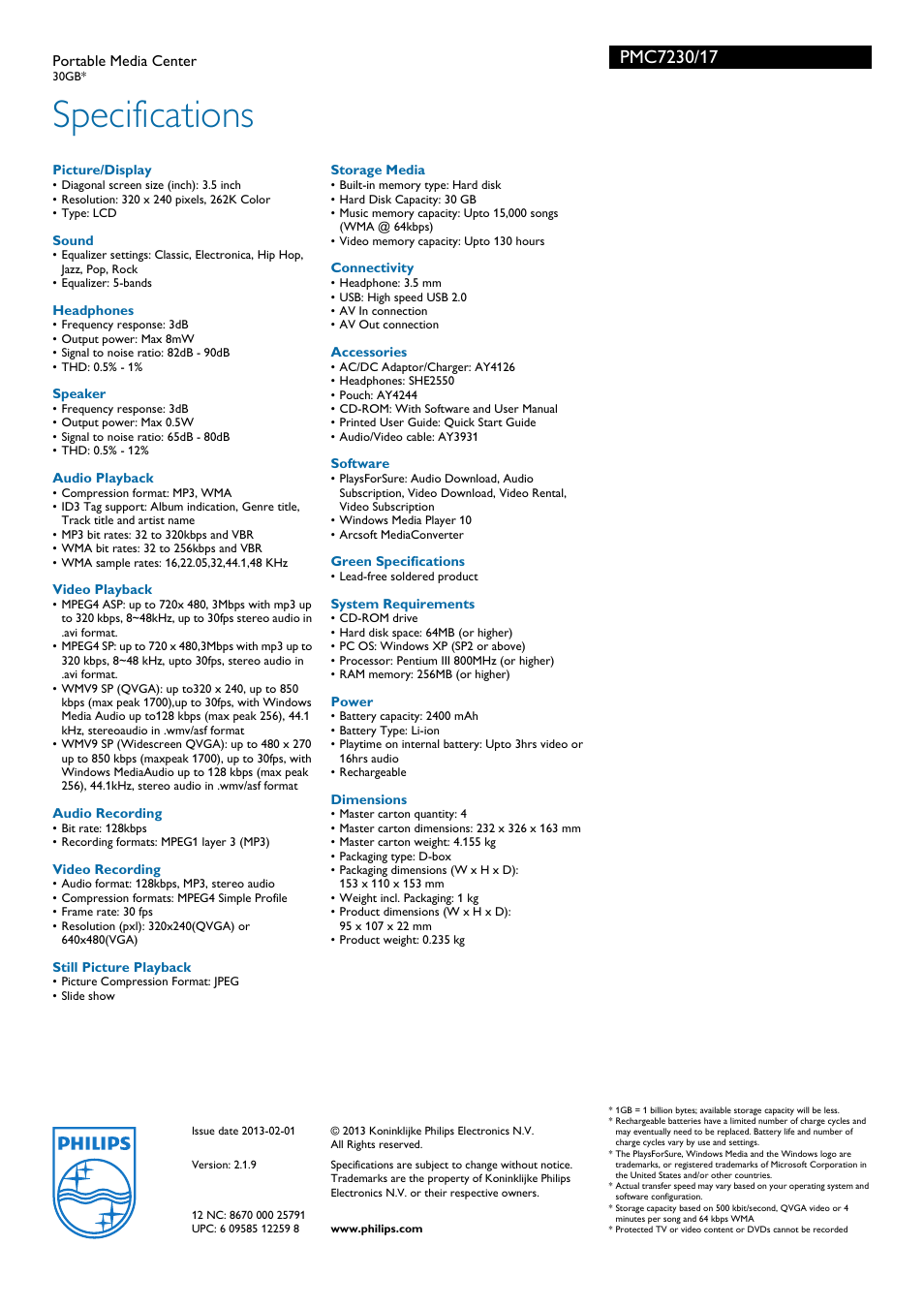 Specifications | Philips PMC7230-17E User Manual | Page 3 / 3