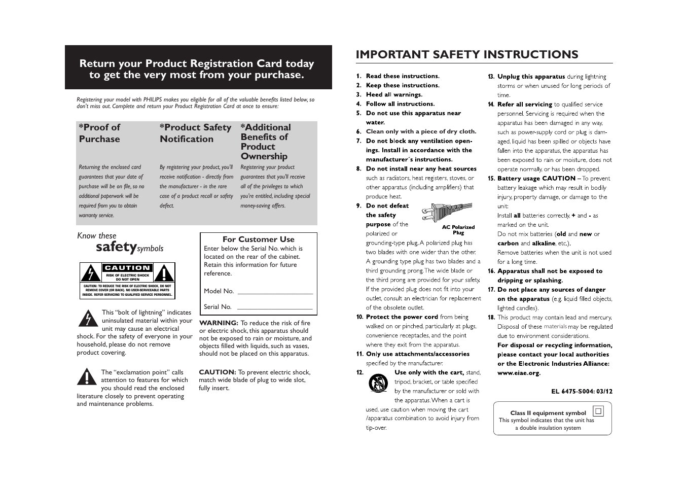 Safety, Important safety instructions, Proof of purchase | Product safety notification, Additional benefits of product ownership | Philips AZ1303-37B User Manual | Page 2 / 9