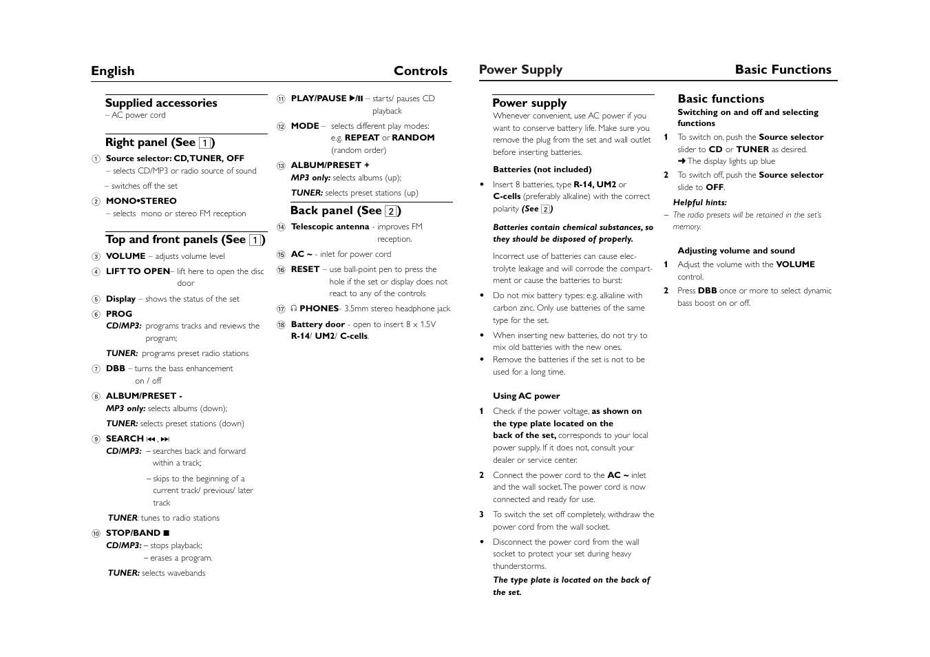 Power supply basic functions, English controls | Philips AZ1303-37B User Manual | Page 5 / 9