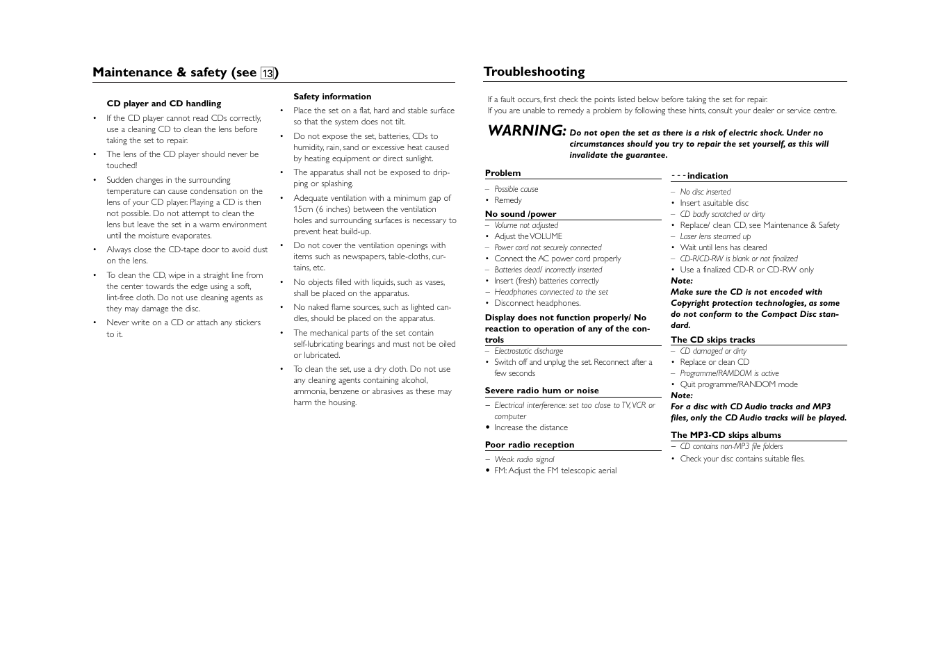 Warning, Maintenance & safety (see # ), Troubleshooting | Philips AZ1303-37B User Manual | Page 8 / 9