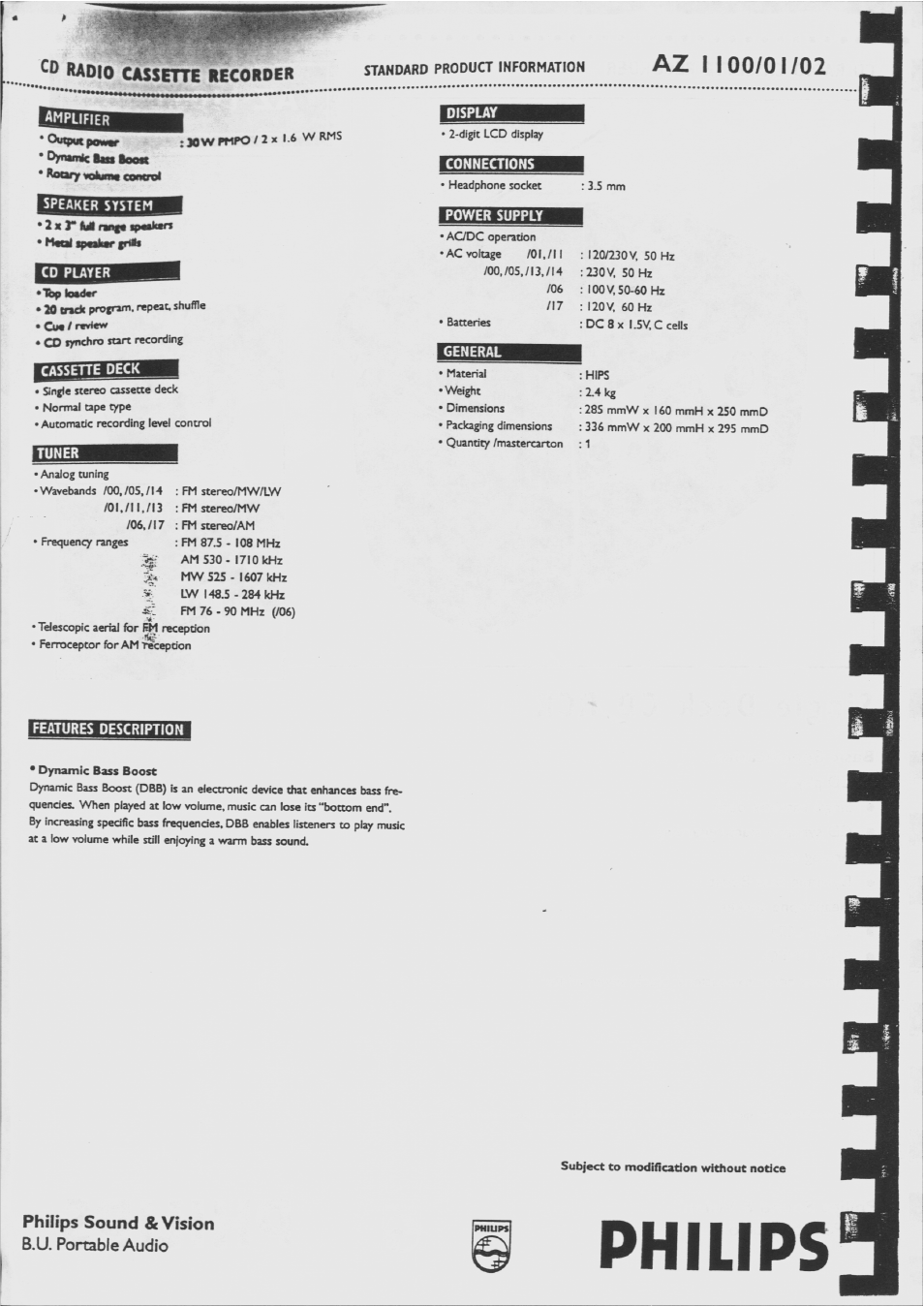 Display, Tuner, Conneaions | Power supply, General, Features description, Philips, Az i, Бтмлштт, Cd radio càsséne recorder | Philips AZ1109-17 User Manual | Page 2 / 2