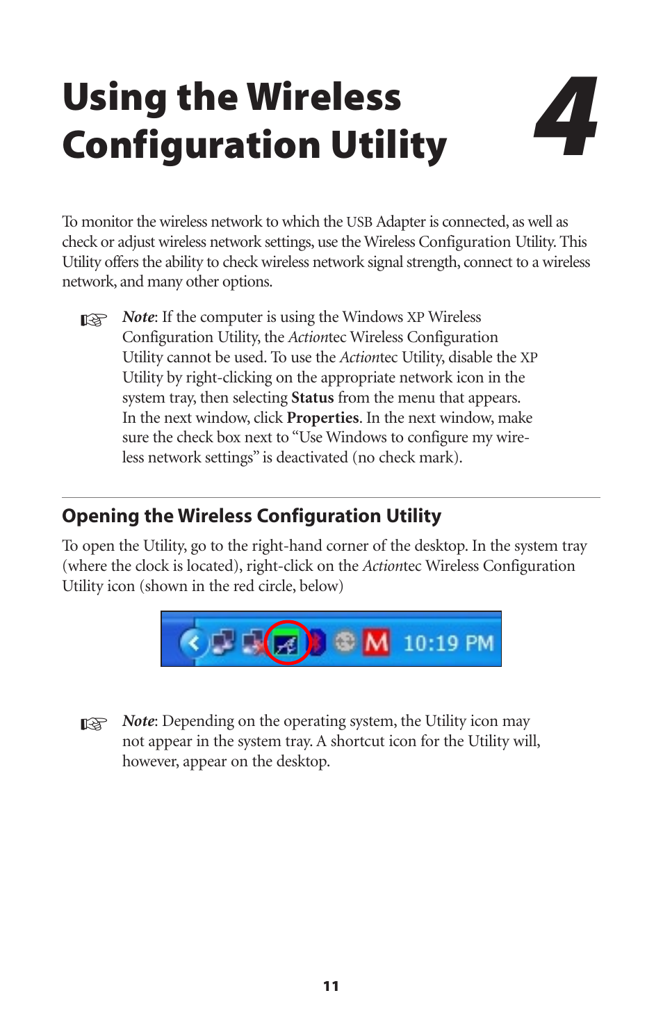 Using the wireless configuration utility, Opening the wireless configuration utility, Opening the wireless configuration utility 11 | Actiontec electronic 802UIG User Manual | Page 14 / 41