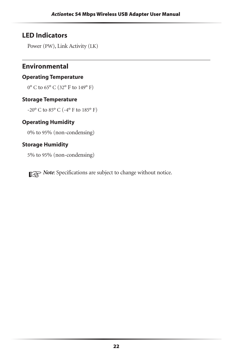 Led indicators, Environmental, 22 environmental | Actiontec electronic 802UIG User Manual | Page 25 / 41