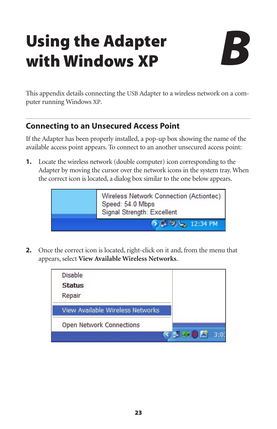 Using the adapter with windows xp, Connecting to an unsecured access point | Actiontec electronic 802UIG User Manual | Page 26 / 41