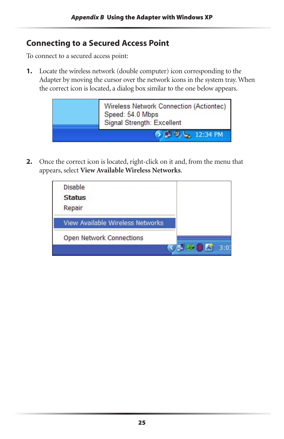 Connecting to a secured access point | Actiontec electronic 802UIG User Manual | Page 28 / 41