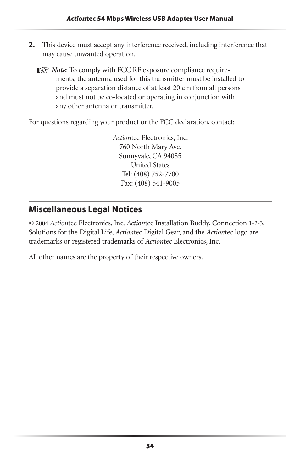 Miscellaneous legal notices | Actiontec electronic 802UIG User Manual | Page 37 / 41