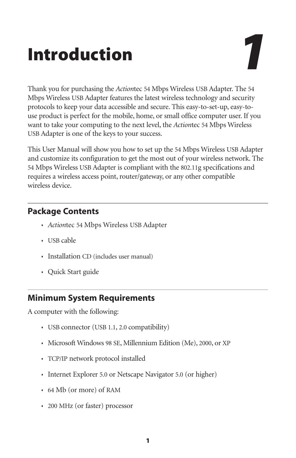 Introduction, Package contents, Minimum system requirements | 1 minimum system requirements | Actiontec electronic 802UIG User Manual | Page 4 / 41