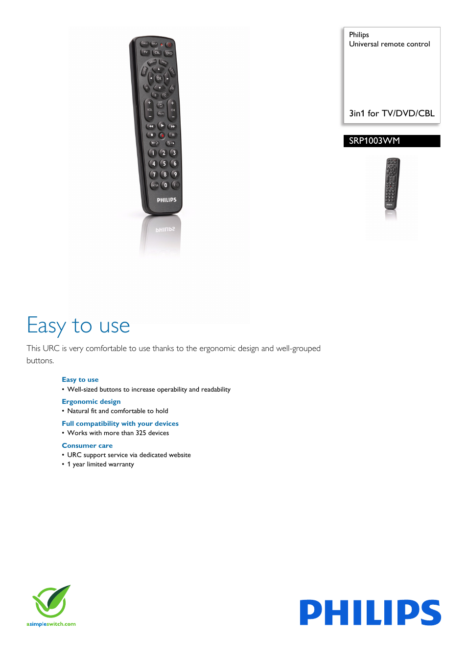 Philips SRP1003WM-17 User Manual | 2 pages