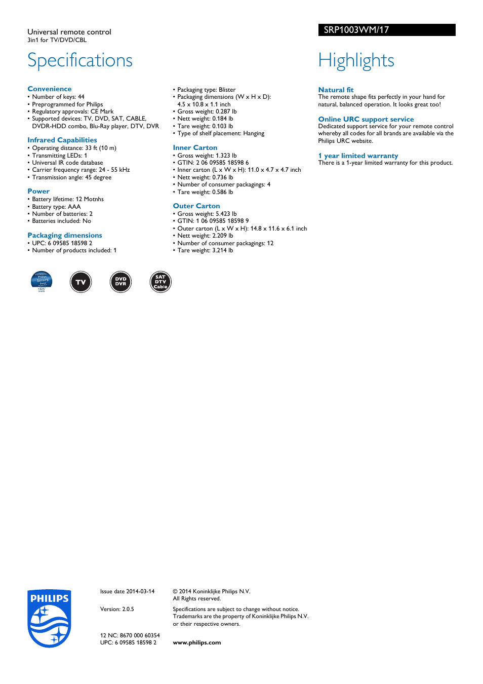 Specifications, Highlights | Philips SRP1003WM-17 User Manual | Page 2 / 2