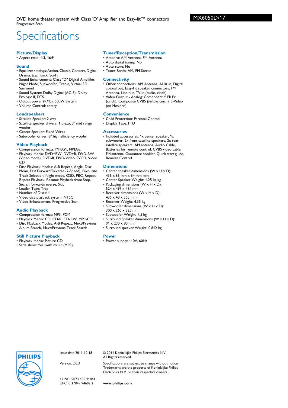 Specifications | Philips MX6050D-17 User Manual | Page 3 / 3