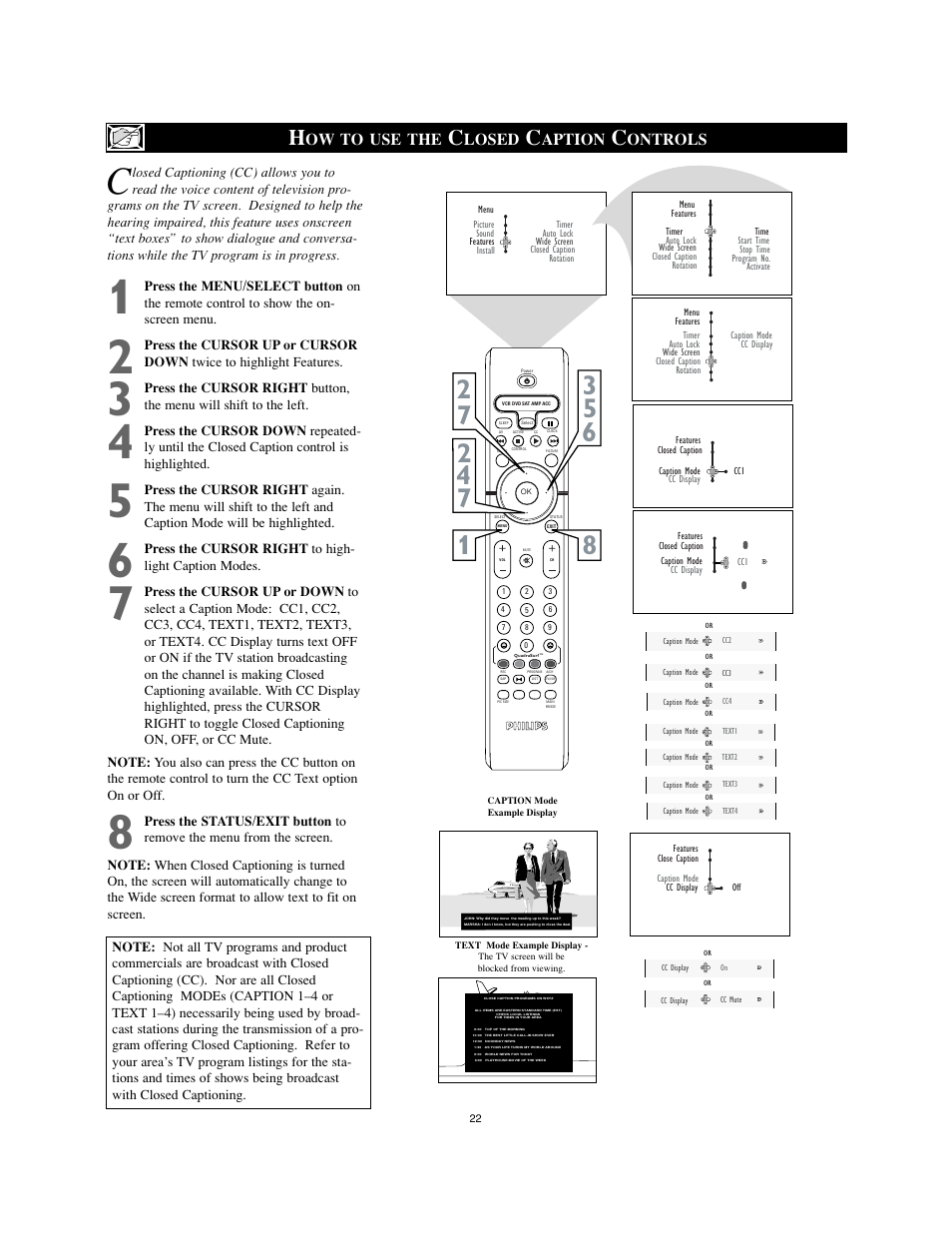 Ow to use the, Losed, Aption | Ontrols | Philips 26" HDTV monitor widescreen TV User Manual | Page 22 / 39