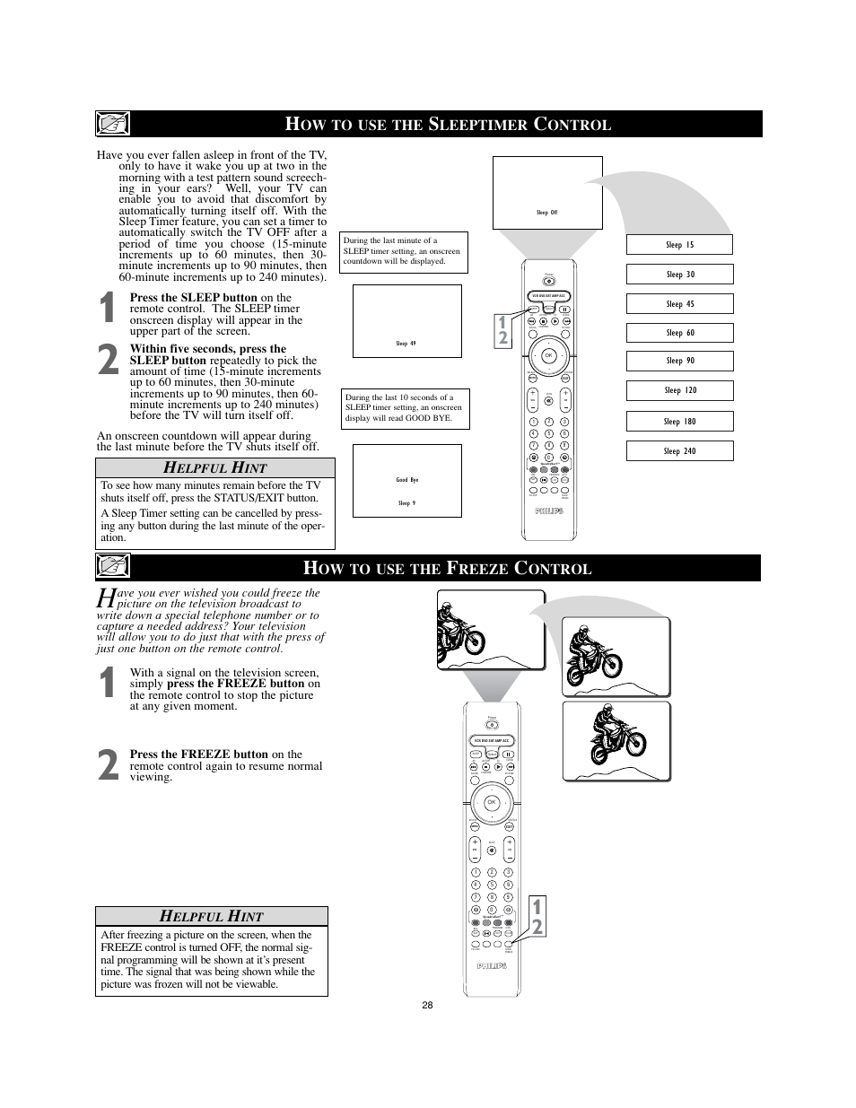 Ow to use the, Leeptimer, Ontrol | Reeze, Elpful | Philips 26" HDTV monitor widescreen TV User Manual | Page 28 / 39