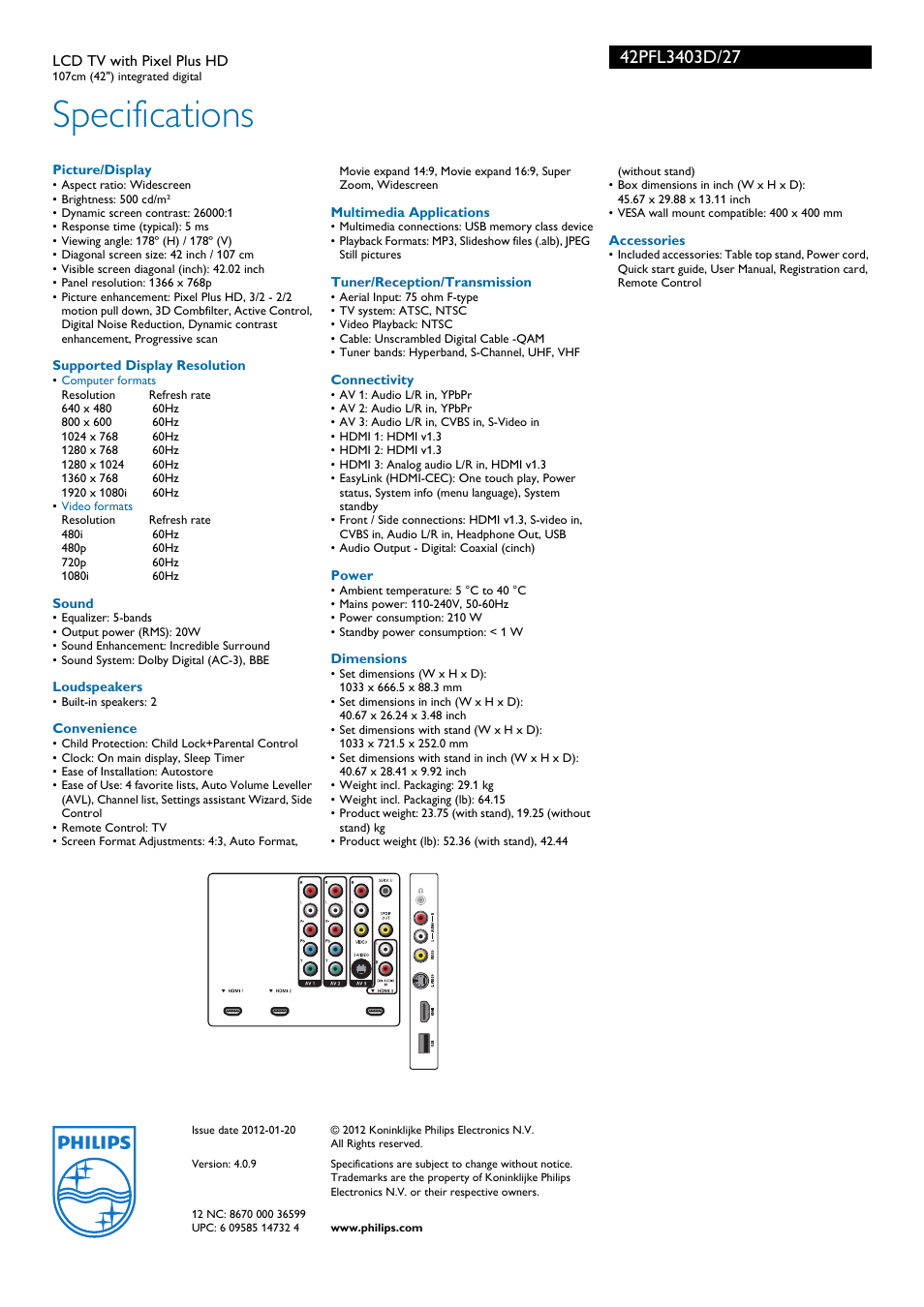 Specifications | Philips LCD TV 42PFL3403D 42" integrated digital with Pixel Plus HD User Manual | Page 3 / 3