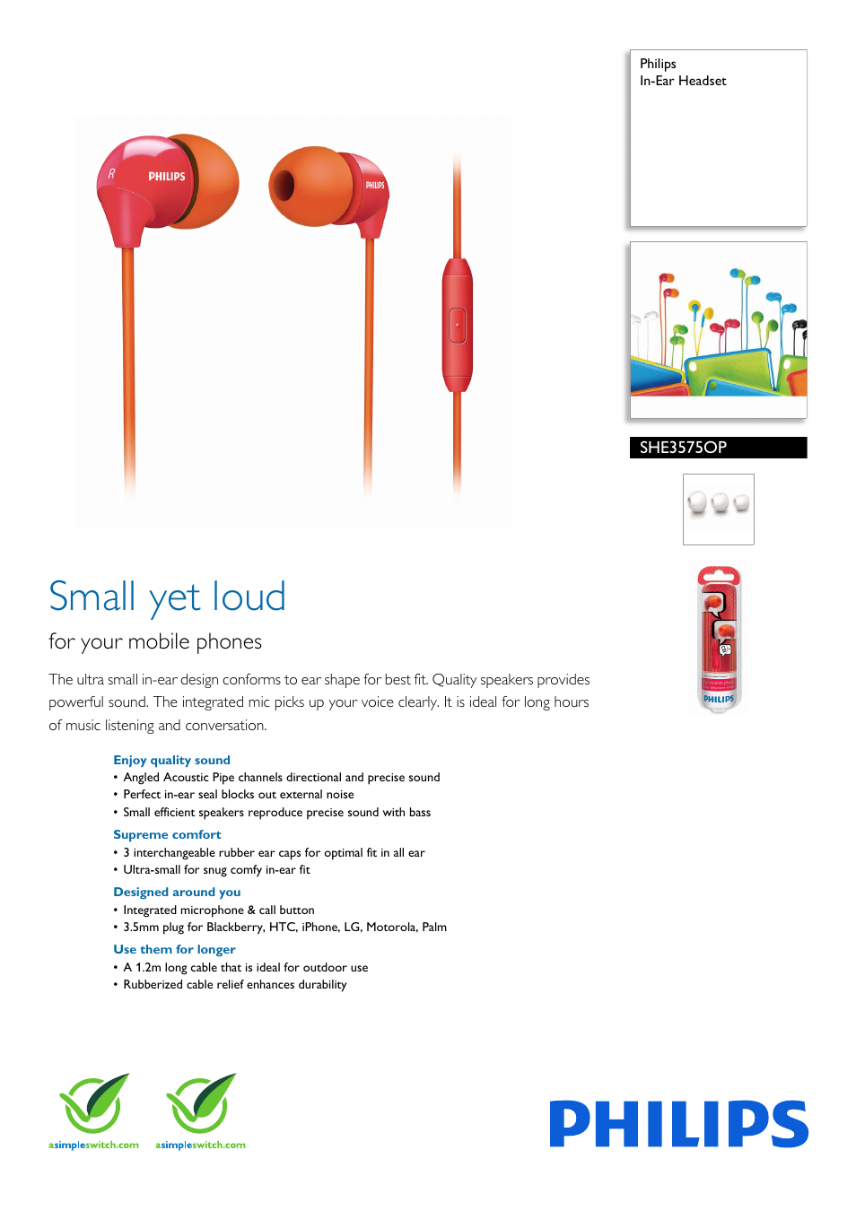 Philips SHE3575OP-28 User Manual | 2 pages