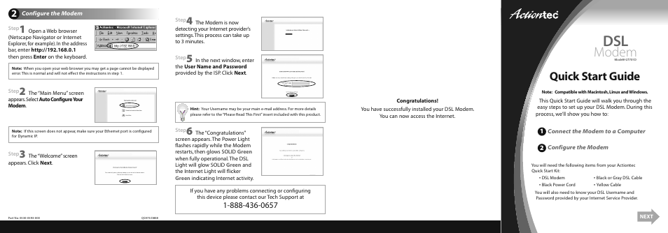 Modem, Quick start guide | Actiontec electronic GT701D User Manual | Page 2 / 2