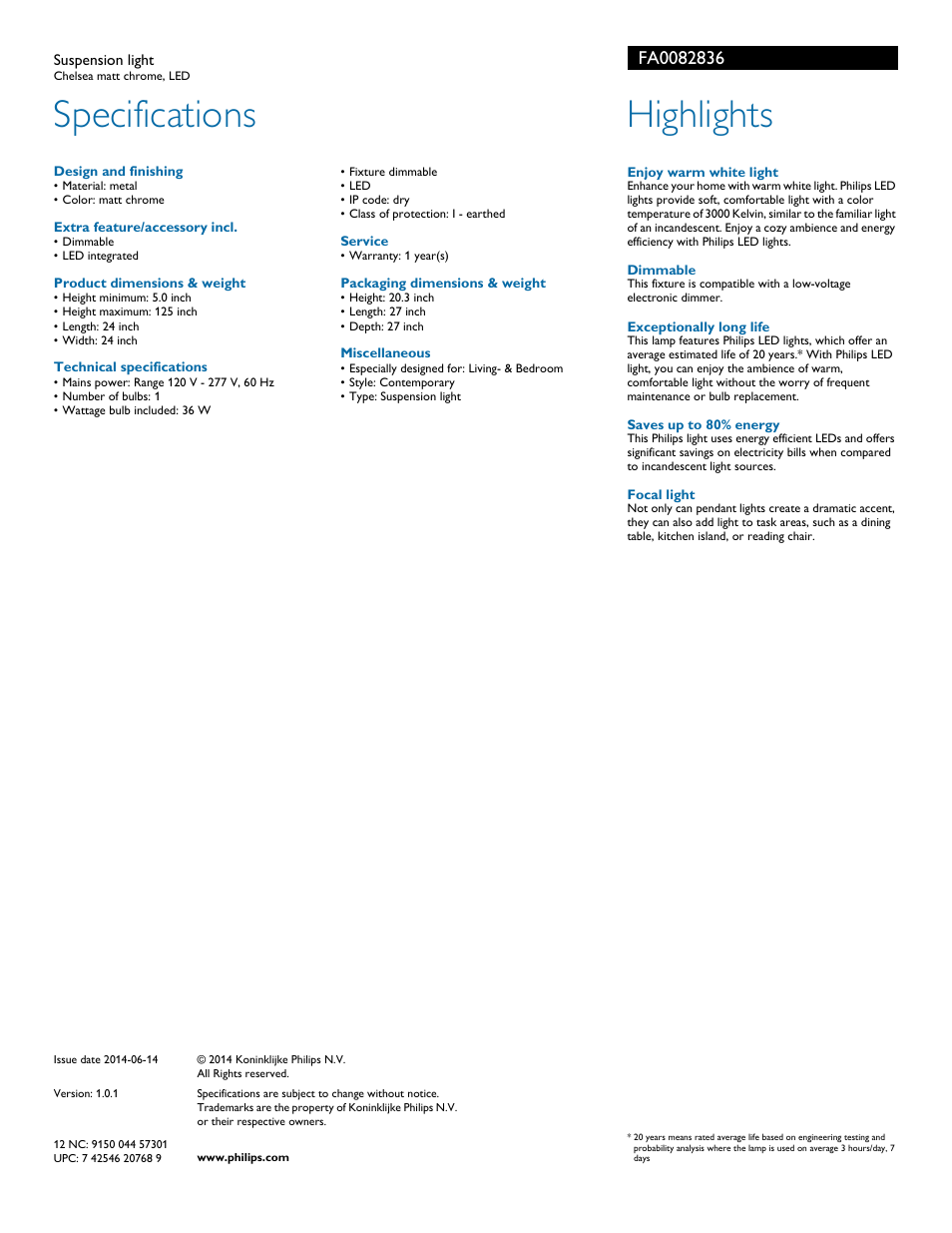 Design and finishing, Extra feature/accessory incl, Product dimensions & weight | Technical specifications, Service, Packaging dimensions & weight, Miscellaneous, Specifications, Hiphliphts | Philips FA0082836 User Manual | Page 2 / 2