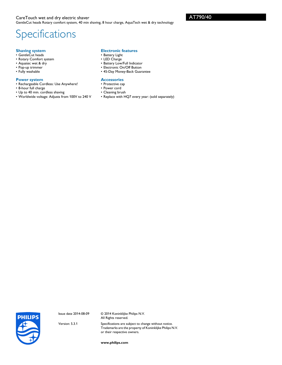 Shaving system, Power system, Electronic features | Accessories, Specifications | Philips AT790-40 User Manual | Page 3 / 3