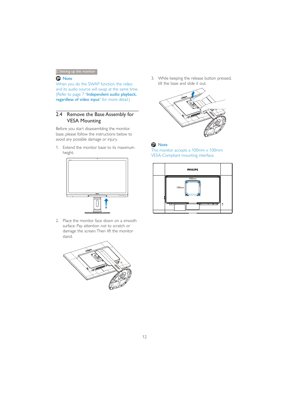 4 remove the base assembly for vesa mounting | Philips 272P4QPJKEB-00 User Manual | Page 14 / 52