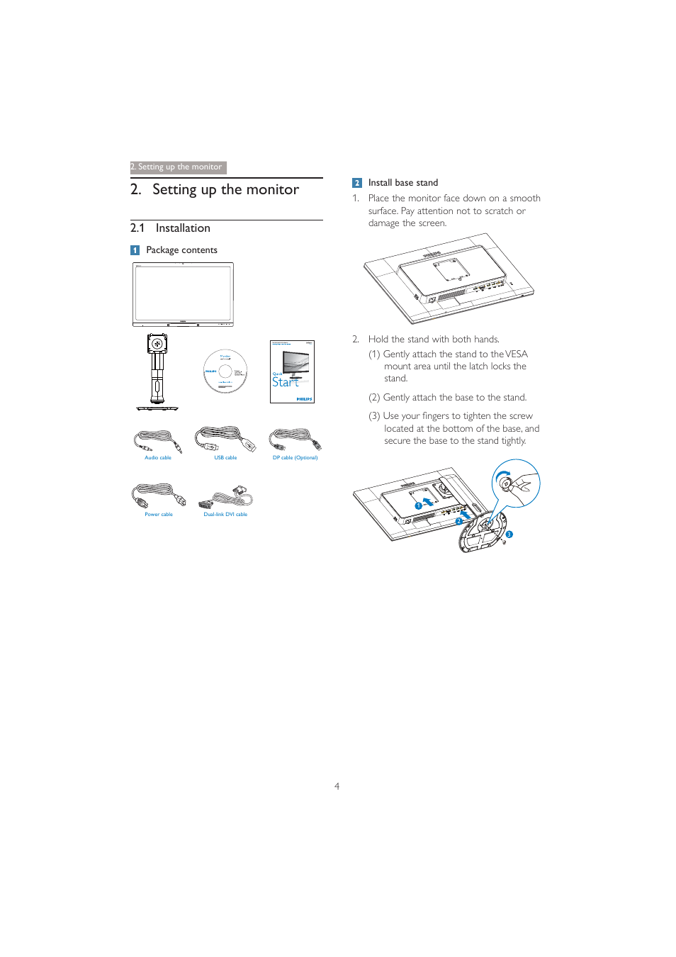 Setting up the monitor, 1 installation | Philips 272P4QPJKEB-00 User Manual | Page 6 / 52