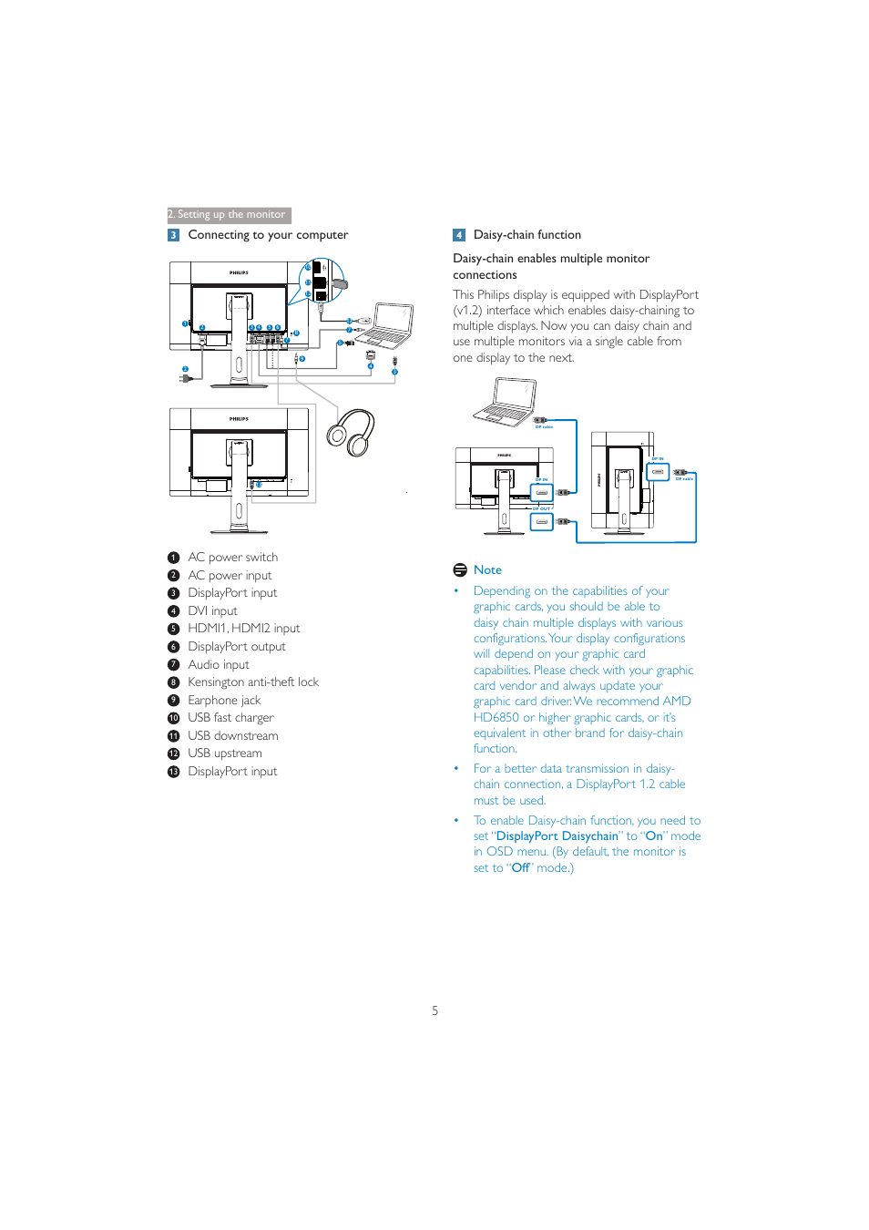 Connecting to your computer, Ac power switch, Ac power input | Displayport input, Dvi input, Hdmi1, hdmi2 input, Displayport output, Audio input, Kensington anti-theft lock, Earphone jack | Philips 272P4QPJKEB-00 User Manual | Page 7 / 52