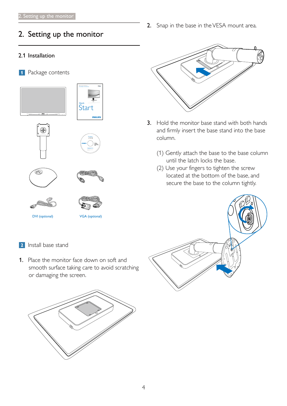 Setting up the monitor, Start | Philips 241B4LPCS-00 User Manual | Page 6 / 52