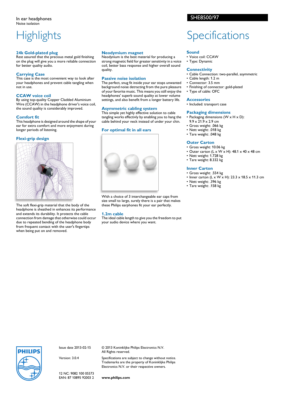 Highlights, Specifications | Philips SHE8500-97 User Manual | Page 2 / 2