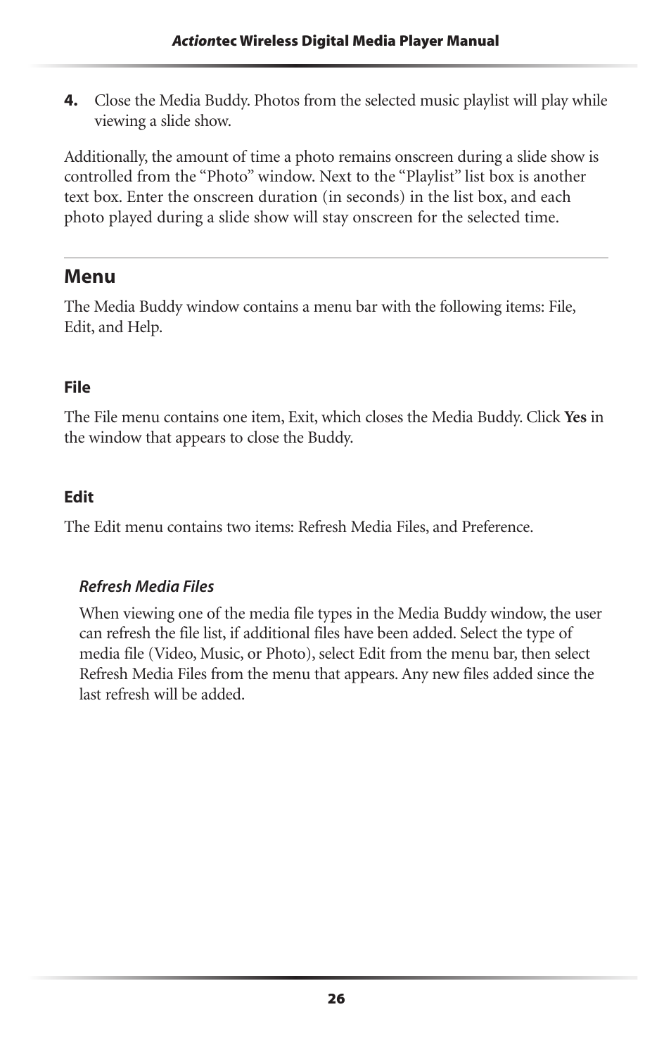 Menu | Actiontec electronic Wireless Digital Media Player DMP011000-01 User Manual | Page 29 / 71