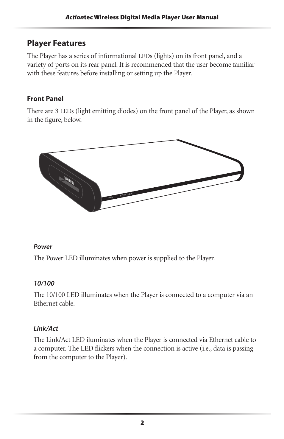Player features, The player has a series of informational | Actiontec electronic Wireless Digital Media Player DMP011000-01 User Manual | Page 5 / 71