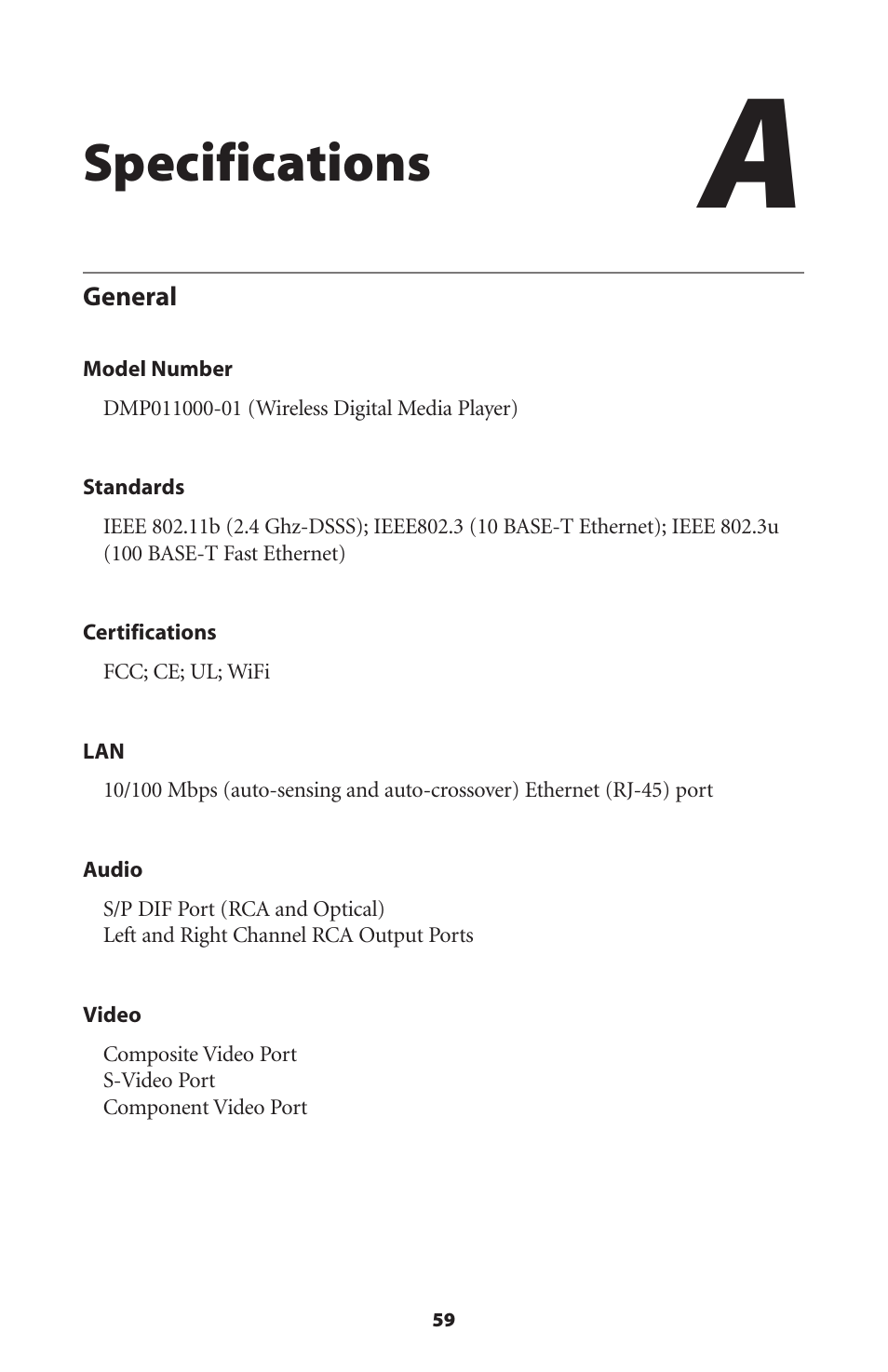 Specifications | Actiontec electronic Wireless Digital Media Player DMP011000-01 User Manual | Page 62 / 71