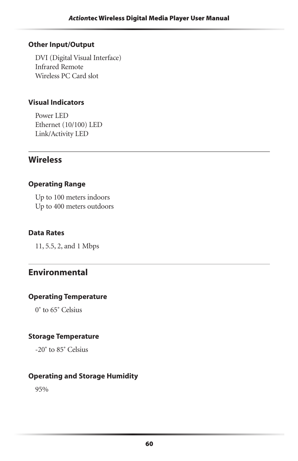 Wireless, Environmental | Actiontec electronic Wireless Digital Media Player DMP011000-01 User Manual | Page 63 / 71