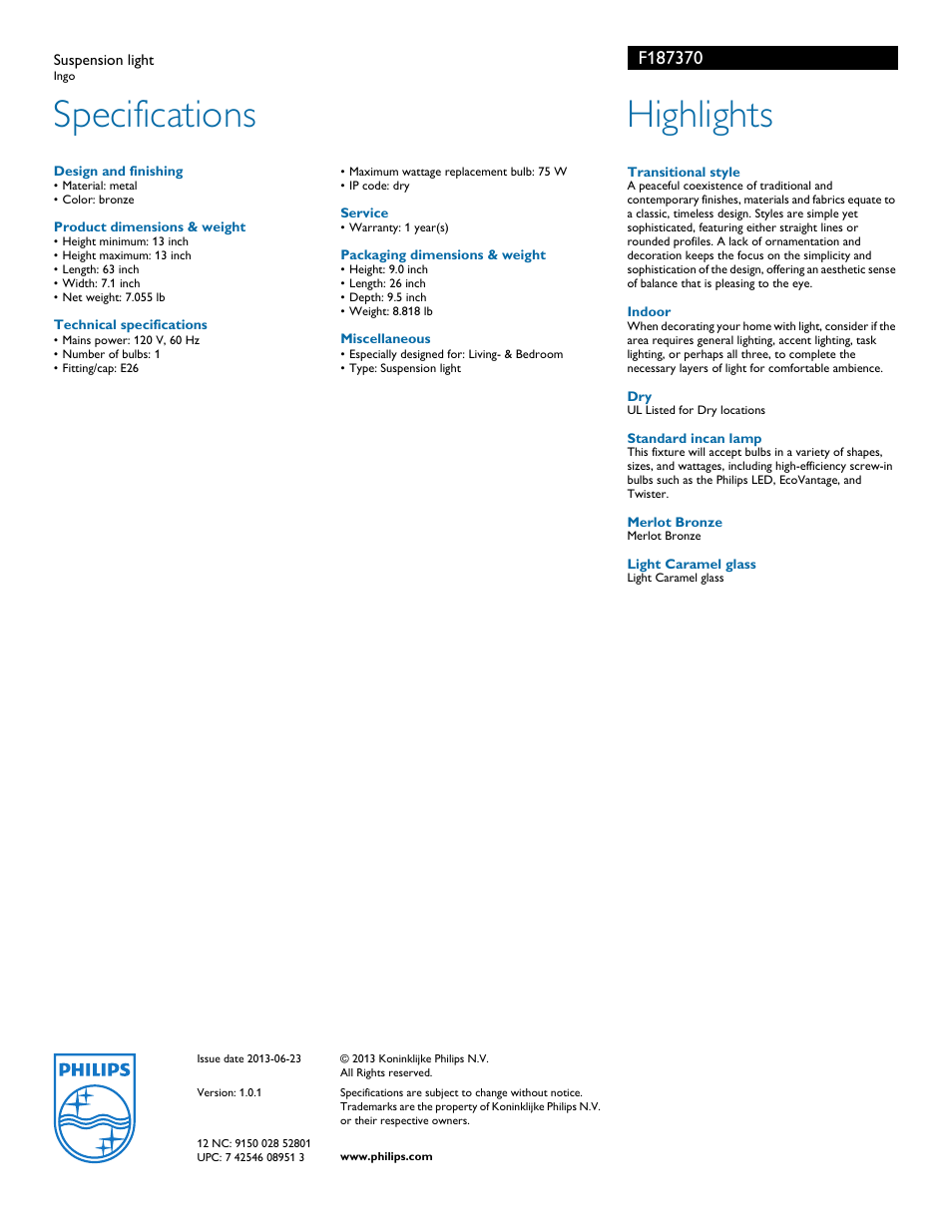 Specifications, Highlights | Philips F187370 User Manual | Page 2 / 2