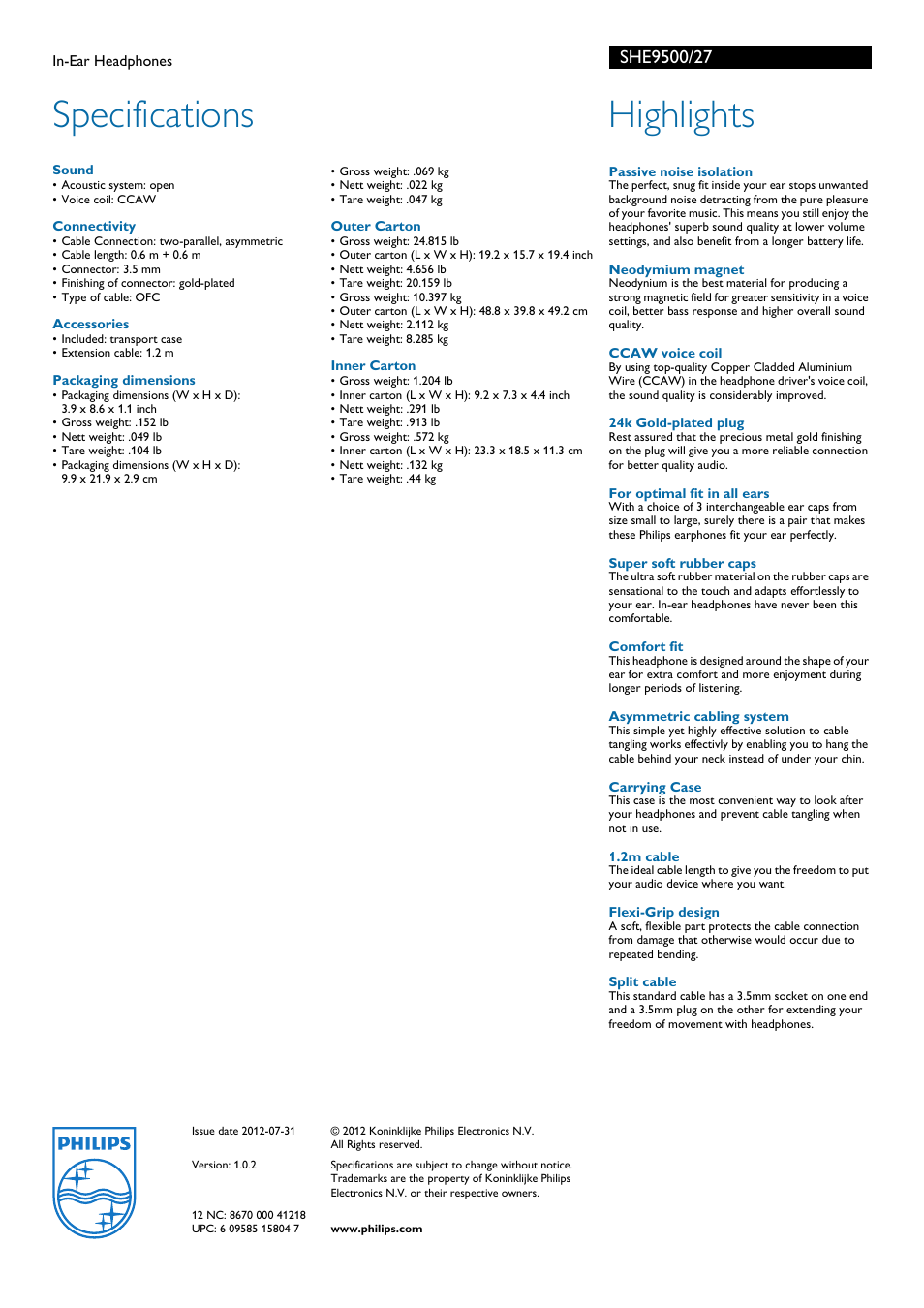 Specifications, Highlights | Philips SHE9500-27 User Manual | Page 2 / 2