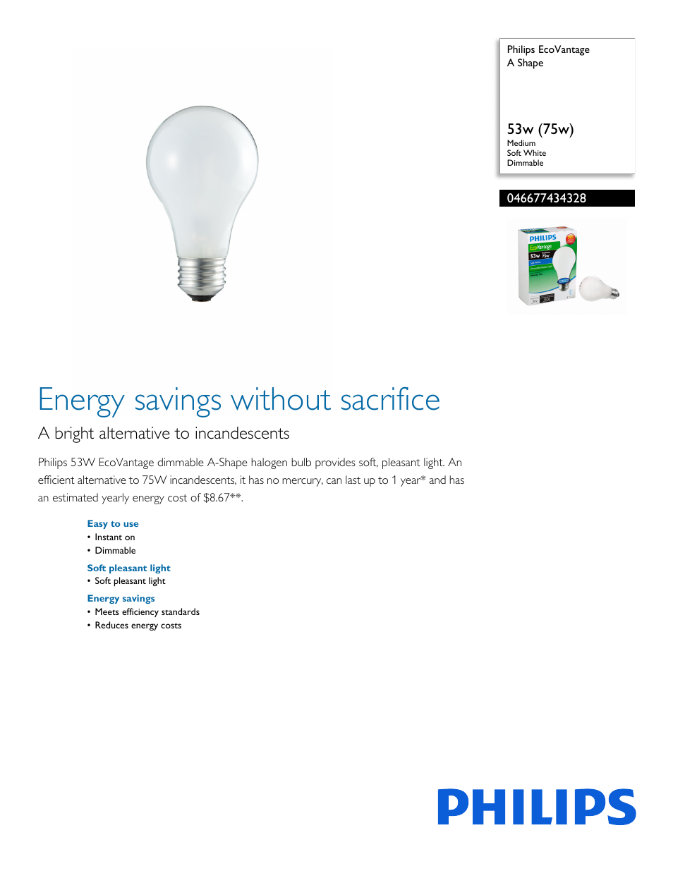 Philips EcoVantage A Shape 046677434328 53w 75w Medium Soft White Dimmable User Manual | 2 pages