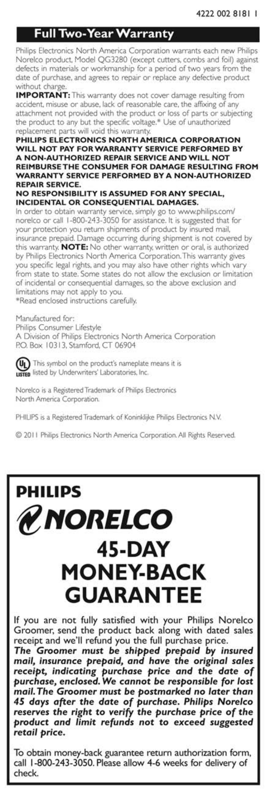 Norelco, Day money-back guarantee, Philips | Full two-year warranty | Philips QG3280-41 User Manual | Page 15 / 15