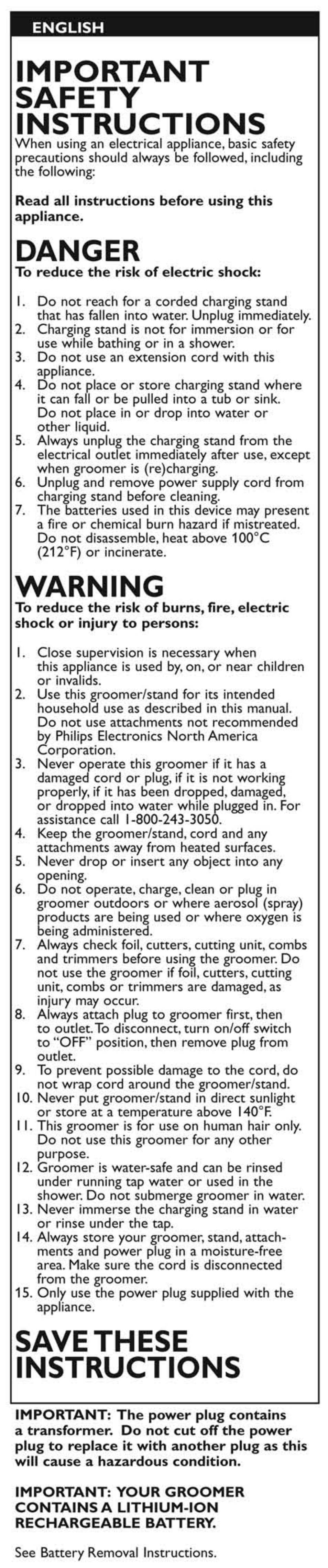 Important safety instructions, Danger, Warning | Savethese instructions | Philips QG3280-41 User Manual | Page 2 / 15