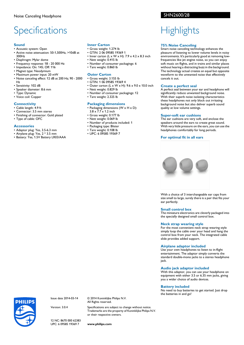 Specifications, Highlights | Philips SHN2600-28 User Manual | Page 2 / 2