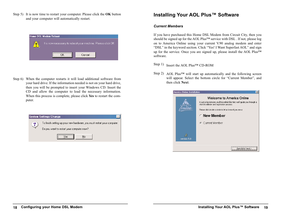 Current members, Configuring windows 98, Configuring windows me | Configuring your home dsl modem, Installing your aol plus™ software | Actiontec electronic UD800TP User Manual | Page 10 / 21