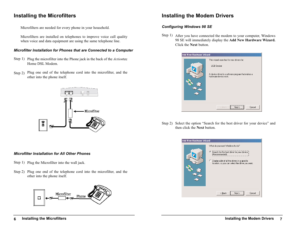 Microfilter installation for, Configuring windows 98, Installing the microfilters | Microfilter installation for all other phones, Installing the modem drivers | Actiontec electronic UD800TP User Manual | Page 4 / 21