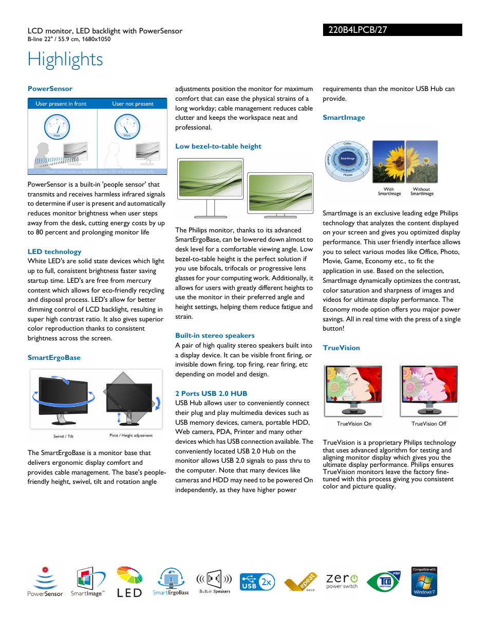 Highlights | Philips 220B4LPCB-27 User Manual | Page 2 / 3