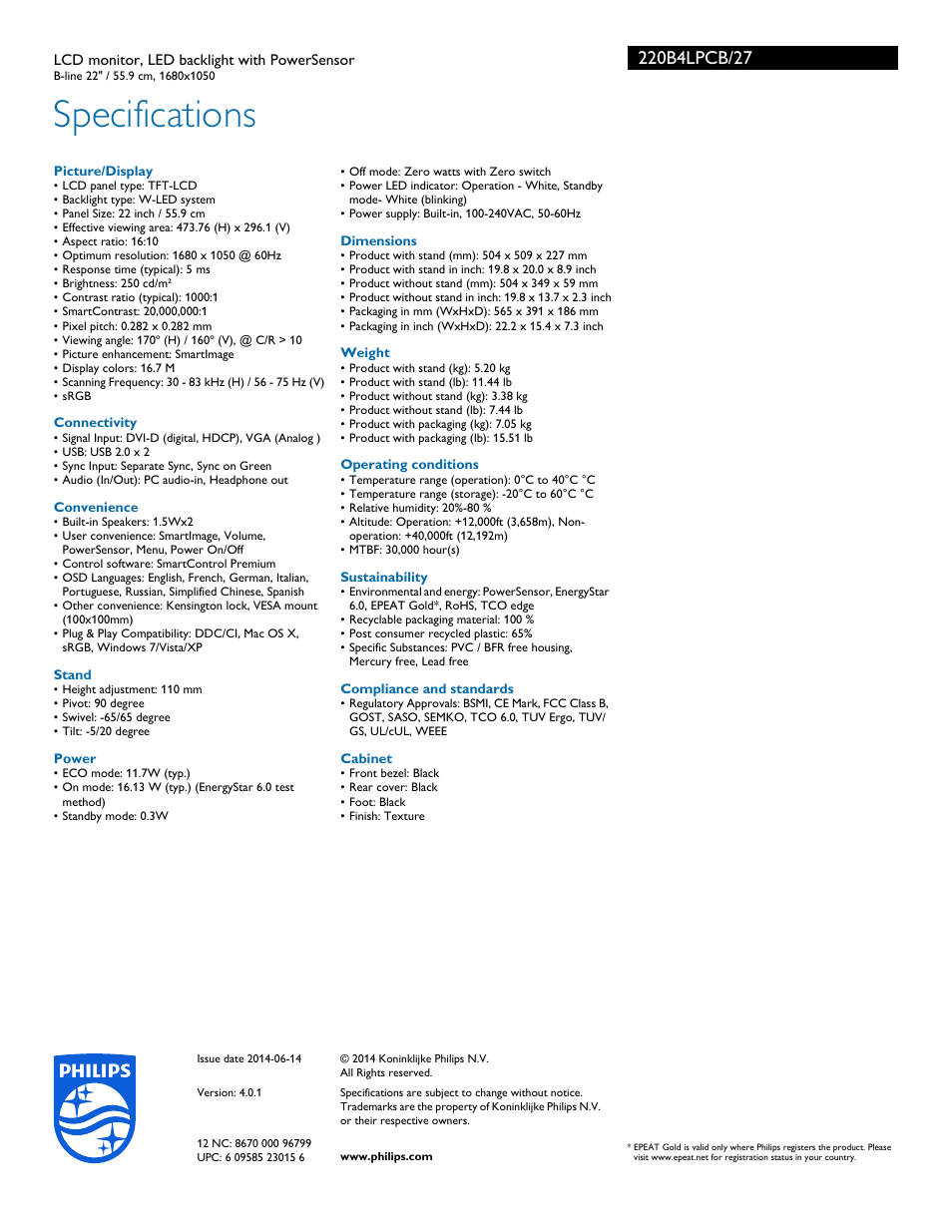 Specifications | Philips 220B4LPCB-27 User Manual | Page 3 / 3