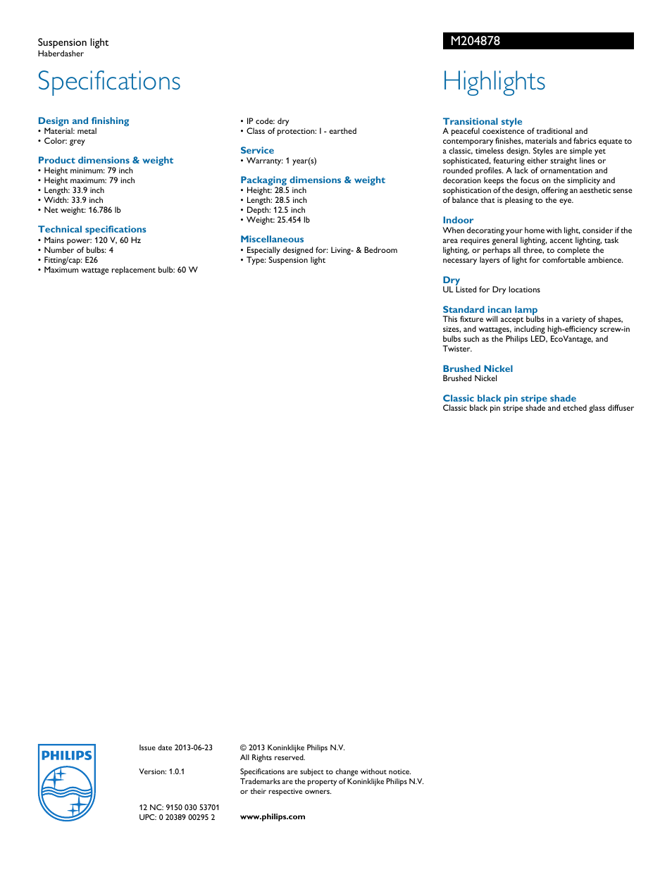 Specifications, Highlights | Philips M204878 User Manual | Page 2 / 2