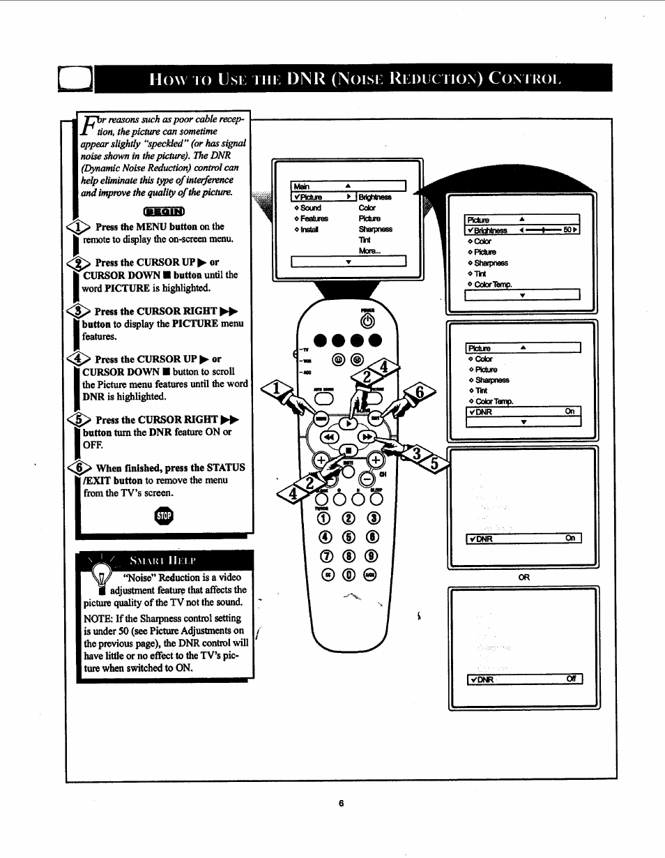 How k) use hie dnr (noise redec i ion) com roe | Philips 19PS50S99 User Manual | Page 11 / 50