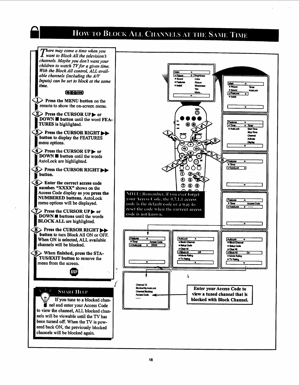 How io block all ciianìnlls at hil saml timl, How to block all channels at the same time.18, On-scre | How io, Omná, Ttmtr | Philips 19PS50S99 User Manual | Page 24 / 50