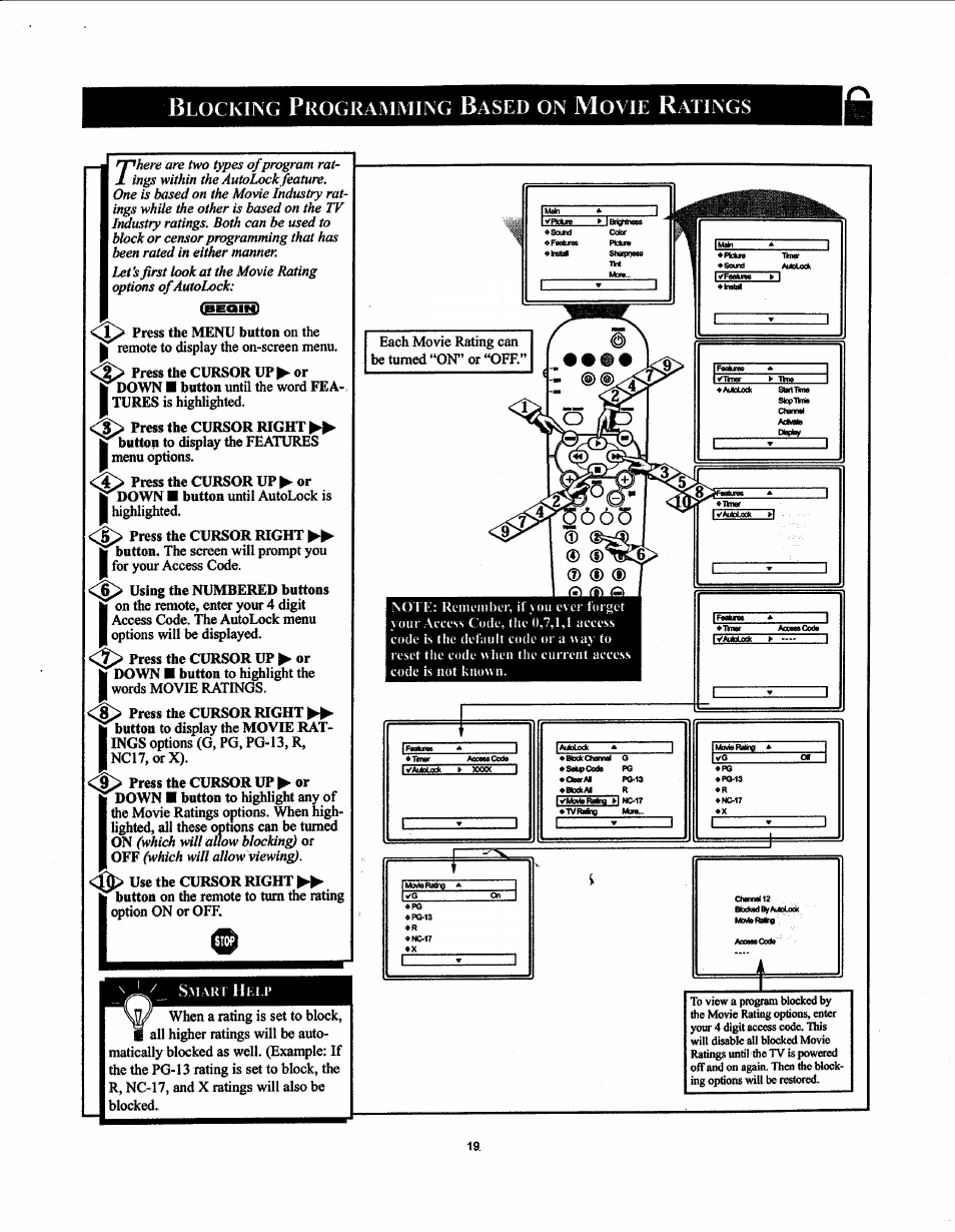 Blocking programming based on movie ratings, Blocking programming based on movie ratings.19, Helpful mes | Philips 19PS50S99 User Manual | Page 25 / 50