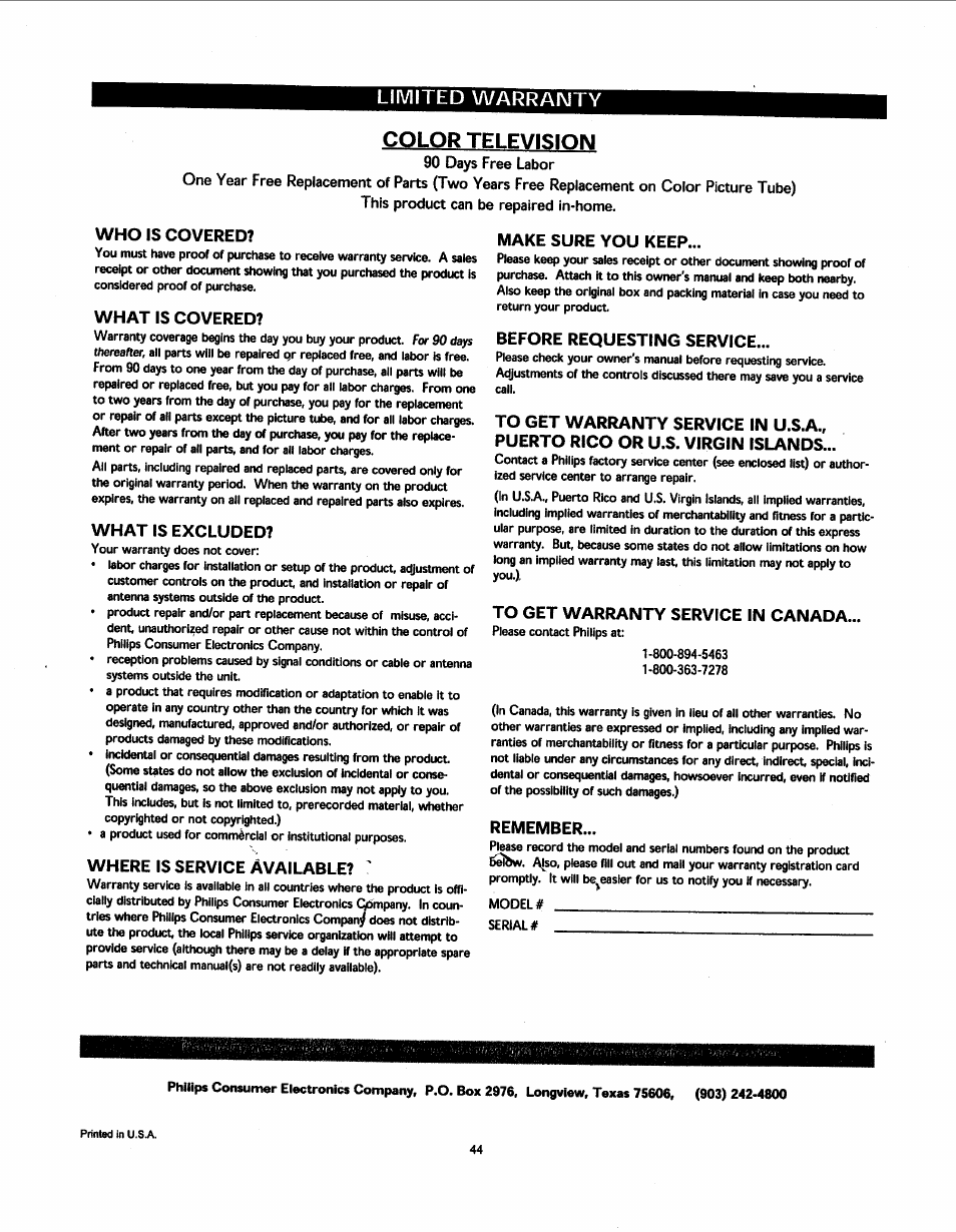 Who is covered, What is covered, What is excluded | Where is service available, Make sure you keep, Before requesting service, To get warranty service in canada, Remember, Color television, Limited warranty | Philips 19PS50S99 User Manual | Page 50 / 50